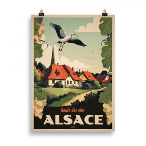 Affiche vintage illustrant la Route des Vins d’Alsace avec des vignes, des villages pittoresques et les collines alsaciennes en arrière-plan. Vintage poster depicting the Alsace Wine Route with vineyards, picturesque villages, and rolling hills in the background.