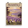 Affiche vintage représentant un village typique de Provence baigné de lumière, avec ses maisons en pierre, ses cyprès et ses champs ensoleillés. Vintage poster depicting a typical Provençal village bathed in sunlight, with stone houses, cypress trees, and golden fields.