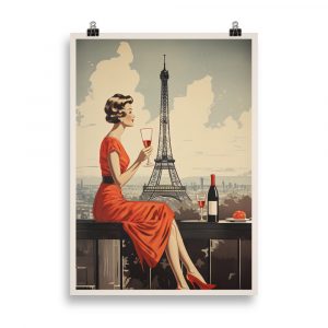 Affiche vintage représentant une femme élégante dans les rues de Paris, avec la Tour Eiffel en arrière-plan, dans un style rétro chic. Vintage poster depicting an elegant woman walking through the streets of Paris, with the Eiffel Tower in the background, in a chic retro style.