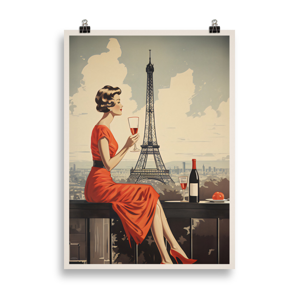 Affiche vintage représentant une femme élégante dans les rues de Paris, avec la Tour Eiffel en arrière-plan, dans un style rétro chic. Vintage poster depicting an elegant woman walking through the streets of Paris, with the Eiffel Tower in the background, in a chic retro style.