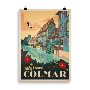 Affiche vintage représentant la ville de Colmar en Alsace, avec ses maisons à colombages colorées, ses canaux et une ambiance rétro de voyage. Vintage travel poster depicting the city of Colmar in Alsace, with colorful half-timbered houses, canals, and a retro travel atmosphere.
