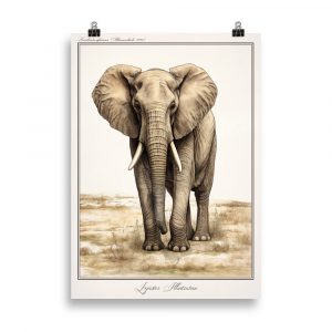 Affiche décorative représentant un éléphant d’Afrique dans un style naturaliste, sur fond de savane dorée. Decorative poster depicting an African elephant in a naturalistic style, set against a golden savannah background.