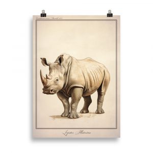 Affiche naturaliste vintage représentant un rhinocéros blanc dans son habitat africain, avec des détails précis de sa peau et de sa corne. Vintage naturalist poster depicting a white rhinoceros in its African habitat, highlighting detailed skin texture and horn.
