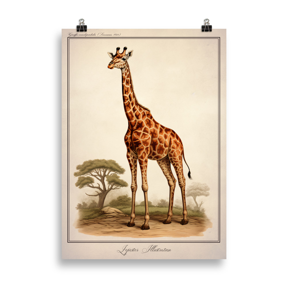 Affiche naturaliste vintage représentant une girafe dans la savane, au long cou élancé et au pelage tacheté, dans un style rétro inspiré des planches zoologiques anciennes. Vintage naturalist poster depicting a giraffe in the savannah, with a long graceful neck and spotted coat, in a retro style inspired by antique zoological plates.