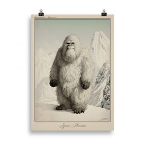 Affiche naturaliste vintage illustrant le légendaire Yéti de l’Himalaya, présenté comme une planche zoologique ancienne, avec annotations latines et style d’illustration scientifique du XIXᵉ siècle. Vintage naturalist poster depicting the legendary Himalayan Yeti, illustrated like an antique zoological plate with Latin annotations and 19th-century scientific art style.