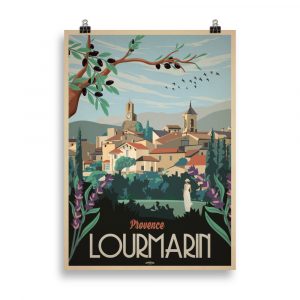 Affiche vintage de voyage représentant le village de Lourmarin en Provence, avec ses maisons en pierre, ses cyprès et la lumière dorée du sud de la France. Vintage travel poster depicting the village of Lourmarin in Provence, with stone houses, cypress trees, and the golden light of southern France.