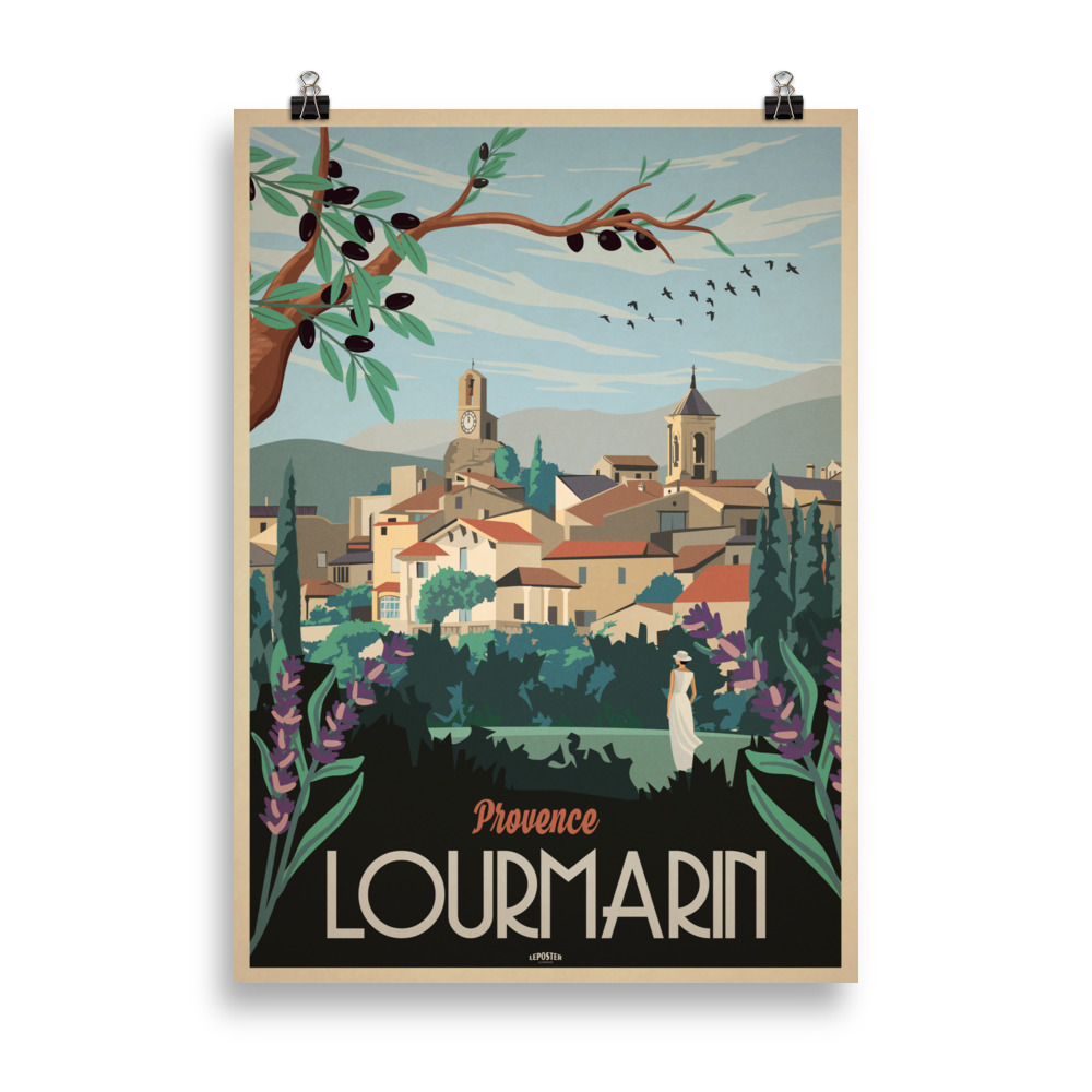 Affiche vintage de voyage représentant le village de Lourmarin en Provence, avec ses maisons en pierre, ses cyprès et la lumière dorée du sud de la France. Vintage travel poster depicting the village of Lourmarin in Provence, with stone houses, cypress trees, and the golden light of southern France.