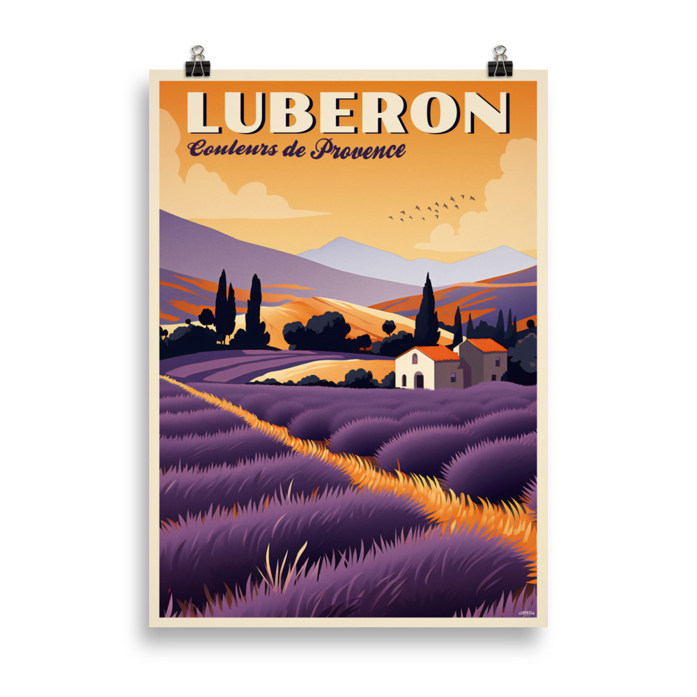 Affiche vintage de voyage représentant les paysages colorés du Luberon, avec ses champs de lavande, ses collines dorées et ses villages perchés typiques de Provence. Vintage travel poster depicting the colorful landscapes of the Luberon, with lavender fields, golden hills, and typical hilltop villages of Provence.