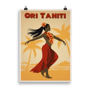 Affiche vintage représentant une danseuse vahiné en pleine danse traditionnelle d’Ori Tahiti, avec des motifs tropicaux et un fond coloré évoquant les îles. Vintage poster depicting a Vahiné dancer performing traditional Ori Tahiti dance, with tropical motifs and a colorful island-inspired background.