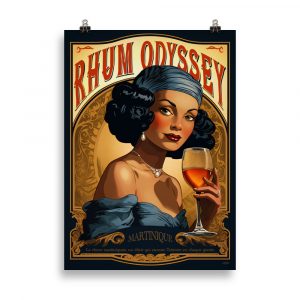 Affiche vintage mettant en scène une bouteille de rhum martiniquais "Rhum Odyssey" avec un verre et des éléments tropicaux évoquant la Martinique, dans un style rétro. Vintage poster featuring a Martinique rum bottle "Rhum Odyssey" with a glass and tropical elements, in a retro style.