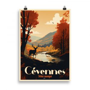 Affiche vintage représentant un cerf au premier plan avec une rivière et une forêt aux couleurs d’automne en arrière-plan, dans le Parc National des Cévennes. Vintage travel poster depicting a deer in the foreground with a river and autumn-colored forest in the background, in Cévennes National Park.