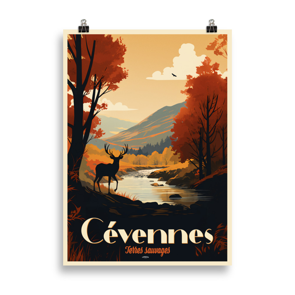 Affiche vintage représentant un cerf au premier plan avec une rivière et une forêt aux couleurs d’automne en arrière-plan, dans le Parc National des Cévennes. Vintage travel poster depicting a deer in the foreground with a river and autumn-colored forest in the background, in Cévennes National Park.