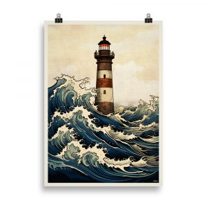 Affiche vintage revisitant la célèbre estampe de Hokusai, représentant une grande vague s’écrasant devant un phare breton en arrière-plan, dans un style rétro japonais. Vintage poster reimagining Hokusai’s famous print, depicting a great wave crashing in front of a Breton lighthouse in the background, in a retro Japanese style.