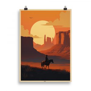 Affiche cinéma vintage représentant un cowboy solitaire au premier plan, avec un désert et des montagnes en arrière-plan, dans un style rétro western. Vintage cinema poster depicting a lone cowboy in the foreground, with desert and mountains in the background, in a retro western style.
