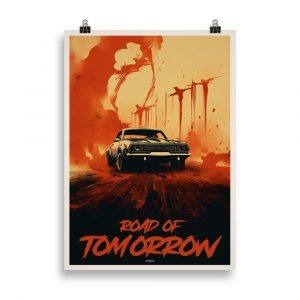 Affiche cinéma vintage représentant une route désertique post-apocalyptique avec des véhicules inspirés de Mad Max, dans un style rétro dramatique. Vintage cinema poster depicting a post-apocalyptic desert road with vehicles inspired by Mad Max, in a retro dramatic style.