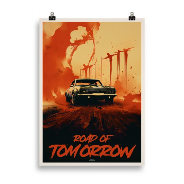 Affiche cinéma vintage représentant une route désertique post-apocalyptique avec des véhicules inspirés de Mad Max, dans un style rétro dramatique. Vintage cinema poster depicting a post-apocalyptic desert road with vehicles inspired by Mad Max, in a retro dramatic style.