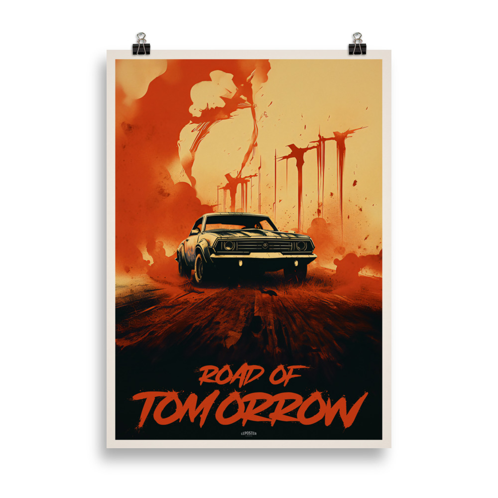 Affiche cinéma vintage représentant une route désertique post-apocalyptique avec des véhicules inspirés de Mad Max, dans un style rétro dramatique. Vintage cinema poster depicting a post-apocalyptic desert road with vehicles inspired by Mad Max, in a retro dramatic style.