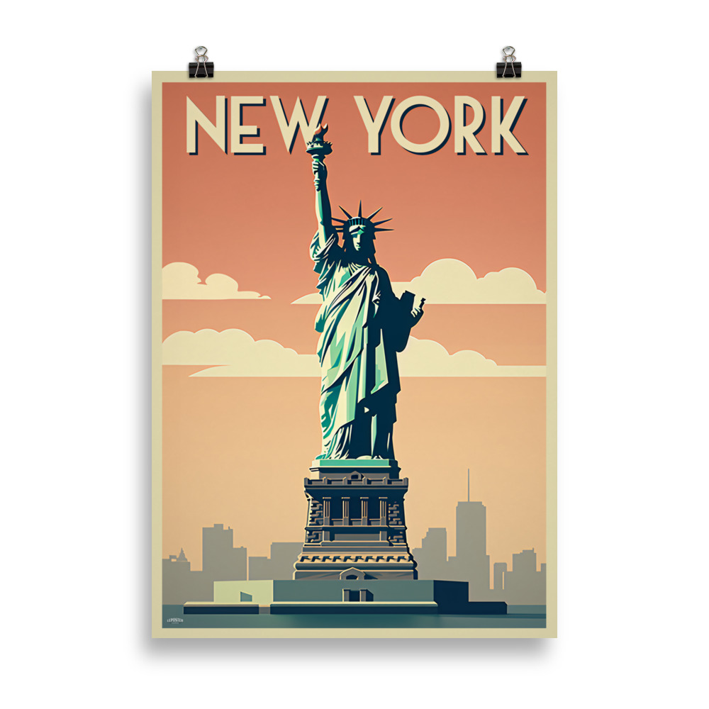 Affiche vintage représentant la Statue de la Liberté au premier plan avec la skyline de New York en arrière-plan, dans un style rétro voyage. Vintage travel poster depicting the Statue of Liberty in the foreground with the New York skyline in the background, in a retro travel poster style.