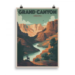 Affiche vintage représentant le Grand Canyon avec ses falaises colorées et un ciel lumineux, dans un style rétro des affiches de voyage classiques. Vintage travel poster depicting the Grand Canyon with its colorful cliffs and a bright sky, in a classic retro travel poster style.