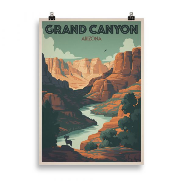 Affiche vintage représentant le Grand Canyon avec ses falaises colorées et un ciel lumineux, dans un style rétro des affiches de voyage classiques. Vintage travel poster depicting the Grand Canyon with its colorful cliffs and a bright sky, in a classic retro travel poster style.
