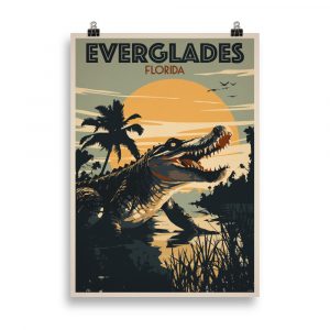Affiche vintage représentant un alligator au premier plan avec les falaises colorées du Grand Canyon en arrière-plan, dans un style rétro voyage. Vintage poster depicting an alligator in the foreground with the colorful cliffs of the Grand Canyon in the background, in a retro travel style.