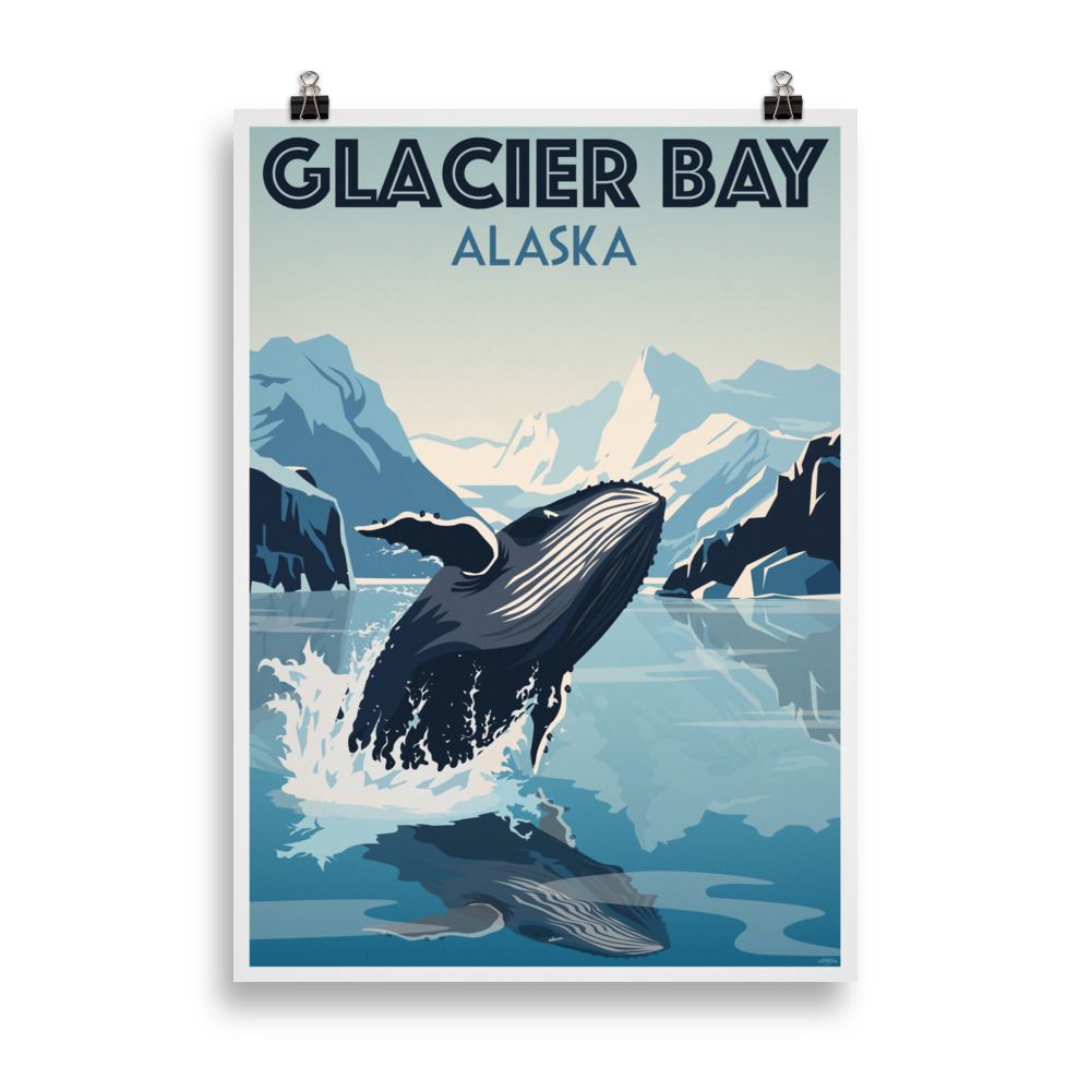 Affiche vintage représentant une baleine sautant dans la baie de Glacier Bay, avec des glaciers et des montagnes en arrière-plan, dans un style rétro voyage. Vintage travel poster depicting a whale breaching in Glacier Bay, with glaciers and mountains in the background, in a retro travel poster style.