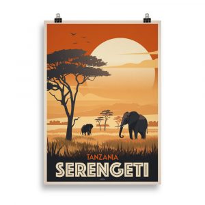 Affiche vintage du parc national du Serengeti avec deux éléphants au premier plan, savane africaine et coucher de soleil aux couleurs chaudes, style rétro voyage. Vintage travel poster of Serengeti National Park with two elephants in the foreground, African savanna and warm sunset tones, retro travel style.