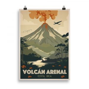 Affiche vintage du Volcan Arenal au Costa Rica, avec jungle tropicale au premier plan et volcan fumant à l’arrière-plan, style rétro de voyage. Vintage travel poster of Arenal Volcano in Costa Rica, with tropical jungle in the foreground and smoking volcano in the background, retro travel style.