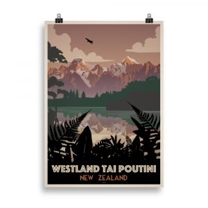 Affiche de voyage vintage du parc national de Westland Tai Poutini en Nouvelle-Zélande, avec glacier, montagnes enneigées et forêt luxuriante au premier plan, style rétro. Vintage travel poster of Westland Tai Poutini National Park in New Zealand, featuring a glacier, snow-capped peaks, and lush rainforest in retro travel style.