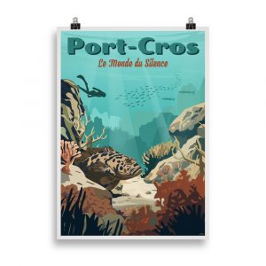 Affiche vintage représentant un plongeur et un mérou au premier plan dans les eaux cristallines de Port-Cros, avec les fonds marins et la lumière du soleil filtrant sous la surface. Vintage travel poster showing a diver and a grouper in the clear waters of Port-Cros, with sun rays and colorful marine life, retro diving style.