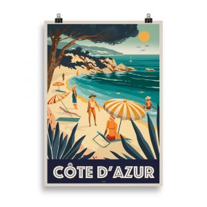 Affiche vintage représentant une plage de la Côte d’Azur avec des baigneurs, des parasols colorés et la mer turquoise sous un ciel d’été. Vintage travel poster showing a French Riviera beach with swimmers, colorful umbrellas, and turquoise sea under a bright summer sky.