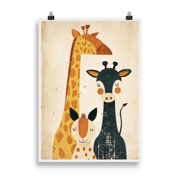Affiche vintage représentant plusieurs animaux de la savane (lion, éléphant, zèbre, girafe) dans un style doux et coloré, parfaite pour une chambre d’enfant. Vintage poster showing several savannah animals (lion, elephant, zebra, giraffe) in a soft and colorful style, perfect for a child’s bedroom.