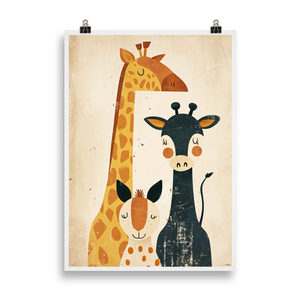 Affiche vintage représentant plusieurs animaux de la savane (lion, éléphant, zèbre, girafe) dans un style doux et coloré, parfaite pour une chambre d’enfant. Vintage poster showing several savannah animals (lion, elephant, zebra, giraffe) in a soft and colorful style, perfect for a child’s bedroom.