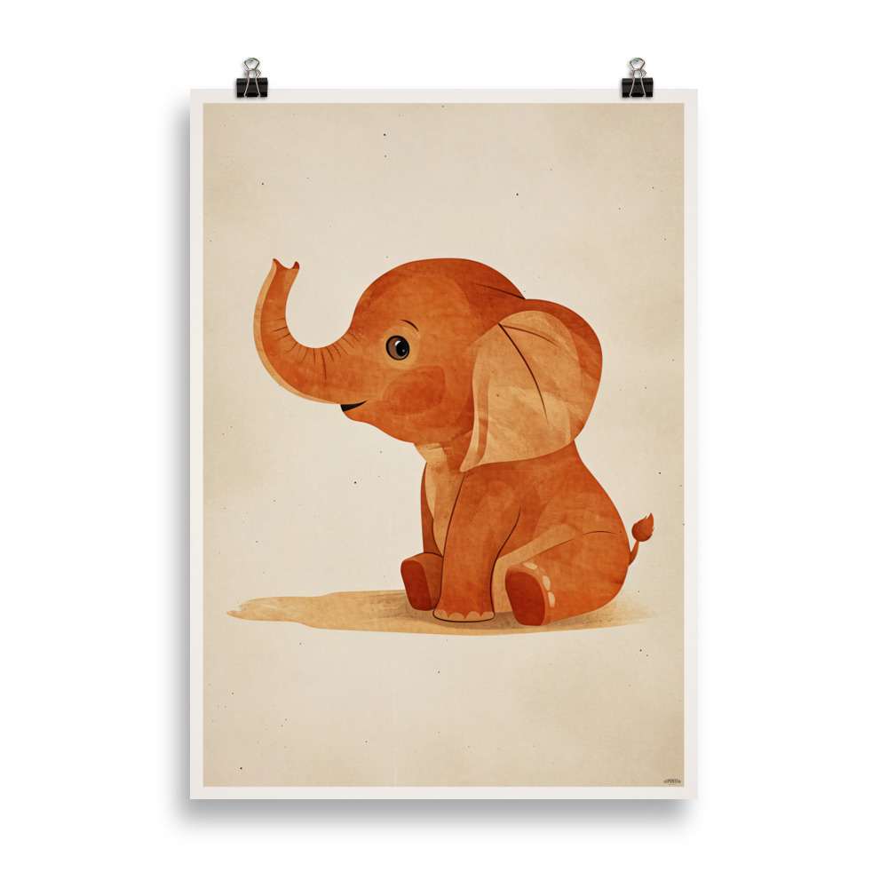 Affiche vintage représentant un bébé éléphant dans un style doux et coloré, idéale pour décorer une chambre d’enfant. Vintage poster showing a cute baby elephant in a soft and colorful style, perfect for a child’s bedroom.