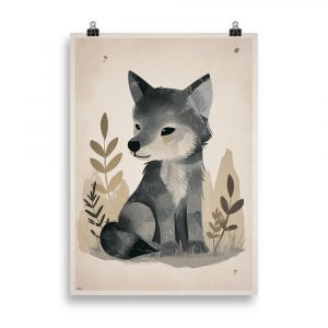 Affiche vintage représentant un bébé loup dans un style doux et coloré, parfaite pour décorer une chambre d’enfant. Vintage poster showing a cute baby wolf in a soft and colorful style, perfect for a child’s bedroom.
