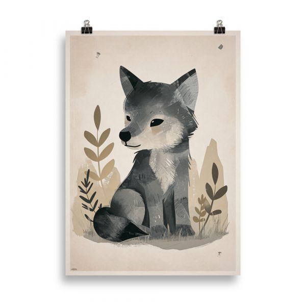 Affiche vintage représentant un bébé loup dans un style doux et coloré, parfaite pour décorer une chambre d’enfant. Vintage poster showing a cute baby wolf in a soft and colorful style, perfect for a child’s bedroom.