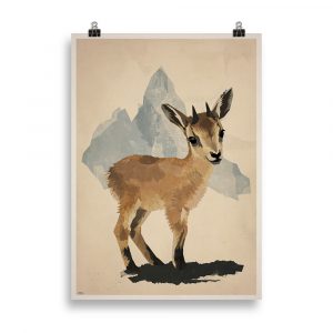 Affiche vintage représentant un bébé chamois dans un style doux et coloré, parfaite pour décorer une chambre d’enfant. Vintage poster showing a cute baby chamois in a soft and colorful style, perfect for a child’s bedroom.