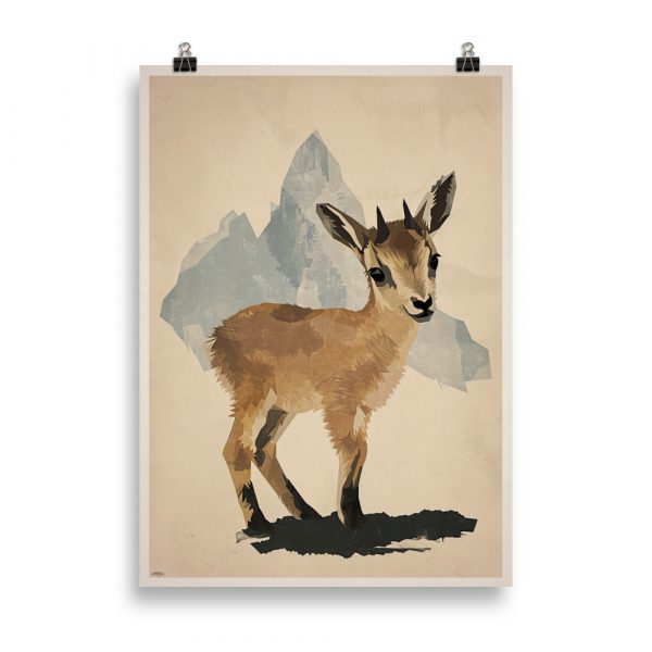Affiche vintage représentant un bébé chamois dans un style doux et coloré, parfaite pour décorer une chambre d’enfant. Vintage poster showing a cute baby chamois in a soft and colorful style, perfect for a child’s bedroom.