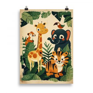Affiche vintage représentant une famille d’animaux de la jungle (lion, singe, éléphant, girafe) dans un style doux et coloré, idéale pour une chambre d’enfant. Vintage poster showing a family of jungle animals (lion, monkey, elephant, giraffe) in a soft and colorful style, perfect for a child’s bedroom.