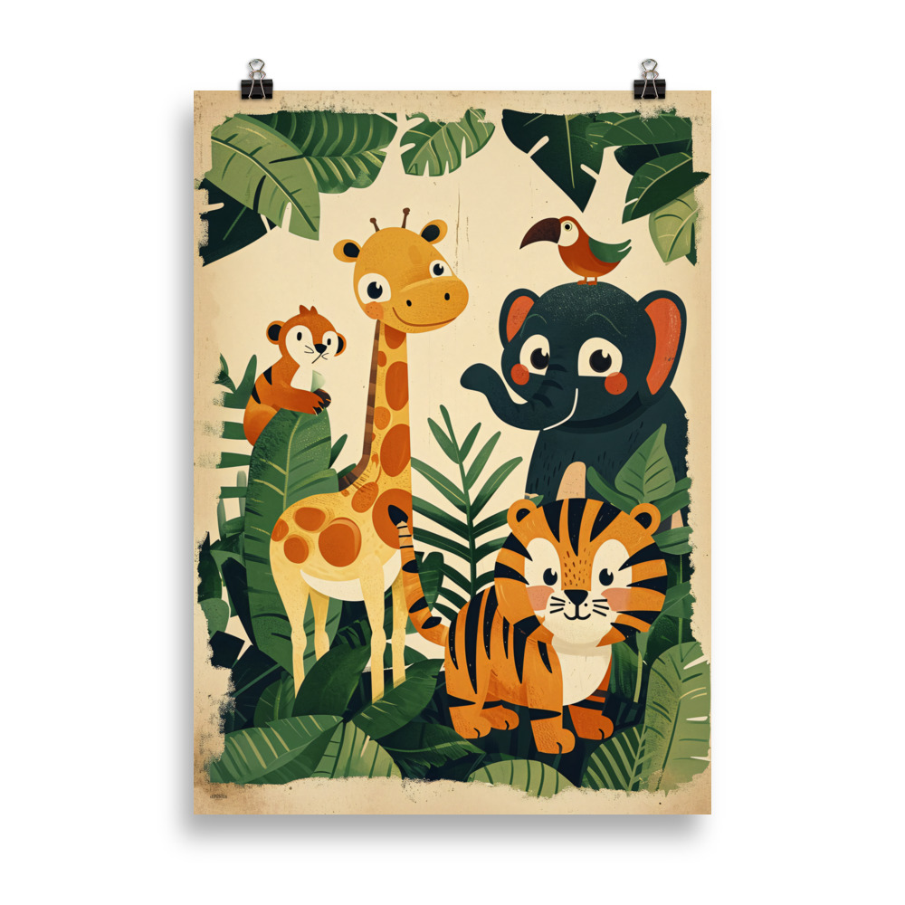 Affiche vintage représentant une famille d’animaux de la jungle (lion, singe, éléphant, girafe) dans un style doux et coloré, idéale pour une chambre d’enfant. Vintage poster showing a family of jungle animals (lion, monkey, elephant, giraffe) in a soft and colorful style, perfect for a child’s bedroom.