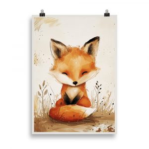 Affiche vintage représentant un renardeau dans un pré fleuri, style doux et coloré, idéale pour la décoration d’une chambre d’enfant. Vintage poster showing a fox cub in a flower-filled meadow, in a soft and colorful style, perfect for a child’s bedroom.