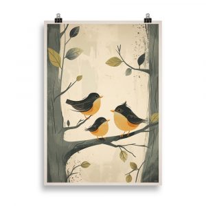 Affiche vintage pour chambre d’enfant représentant trois petits oiseaux colorés perchés sur une branche, dans un style doux et poétique. Vintage children’s poster showing three colorful little birds on a branch, in a gentle and poetic style.
