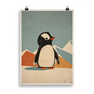 Affiche vintage pour chambre d’enfant représentant un petit pingouin souriant sur un fond polaire doux, dans un style tendre et minimaliste. Vintage children’s poster showing a smiling little penguin on a soft polar background, in a tender and minimalist style.