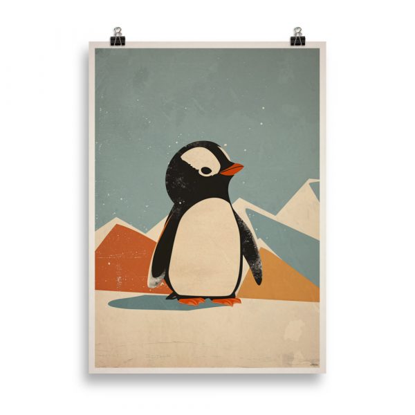 Affiche vintage pour chambre d’enfant représentant un petit pingouin souriant sur un fond polaire doux, dans un style tendre et minimaliste. Vintage children’s poster showing a smiling little penguin on a soft polar background, in a tender and minimalist style.