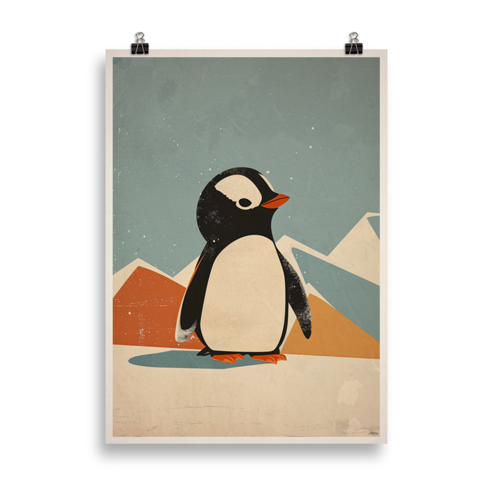 Affiche vintage pour chambre d’enfant représentant un petit pingouin souriant sur un fond polaire doux, dans un style tendre et minimaliste. Vintage children’s poster showing a smiling little penguin on a soft polar background, in a tender and minimalist style.