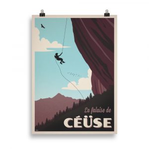 Affiche vintage représentant un alpiniste descendant en rappel de la falaise de Céüse, dans les Hautes-Alpes, avec un paysage de montagne en arrière-plan et des couleurs chaudes. Vintage travel poster showing a climber abseiling down the Céüse cliff in the French Alps, with mountains in the background and warm vintage tones.