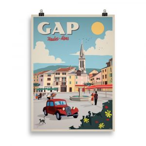 Affiche vintage représentant la Place de la République à Gap, dans les Hautes-Alpes, avec une voiture rétro au premier plan, dans des tons chauds et lumineux. Vintage poster showing Place de la République in Gap, French Alps, with a vintage car in the foreground and warm retro tones.