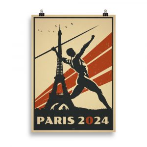 Affiche vintage représentant un homme lançant un javelot au premier plan, avec la Tour Eiffel en arrière-plan, dans des tons rétro et lumineux. Vintage poster showing a man throwing a javelin in the foreground, with the Eiffel Tower in the background, in bright retro tones.