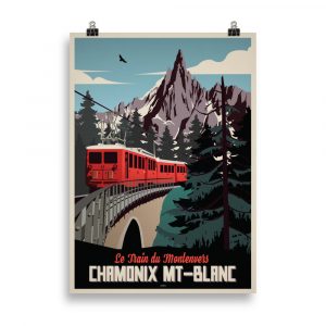 Affiche vintage représentant le train du Montenvers montant vers la Mer de Glace à Chamonix, avec le Mont-Blanc en arrière-plan, dans des tons chauds et rétro. Vintage poster showing the Montenvers train climbing toward the Mer de Glace in Chamonix, with Mont Blanc in the background, in warm retro tones.