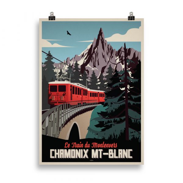 Affiche vintage représentant le train du Montenvers montant vers la Mer de Glace à Chamonix, avec le Mont-Blanc en arrière-plan, dans des tons chauds et rétro. Vintage poster showing the Montenvers train climbing toward the Mer de Glace in Chamonix, with Mont Blanc in the background, in warm retro tones.